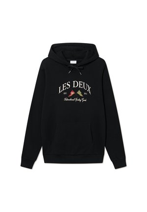 Crna dukserica od pamuka, s prednjim kenguruzim džepom, kapuljačom na vezicu i vezanim logom "LES DEUX" s šarenim akcentima.