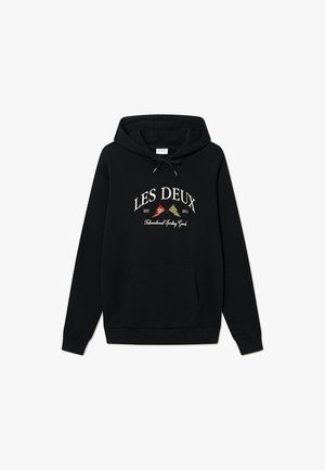 Fekete kapucnis pulóver, pamutból készült, elöl kenguru zsebbel, húzózsinóros kapucnival, és hímzett "LES DEUX" logóval színes részletekkel.