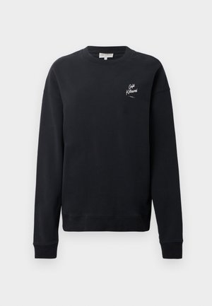 Μαύρη φούτερ μπλούζα, από βαμβακερό υλικό, με στρογγυλή λαιμόκοψη, μακριά μανίκια και ριμπ μανσέτες, διακοσμημένη με λευκή λεπτομέρεια λογότυπου στο αριστερό στήθος. Λείος υφασμάτινος χαρακτήρας, μίνιμαλ σχέδιο.