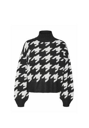 Maglione a maglia bianco e nero con colletto alto, caratterizzato da un motivo a scacchi, maniche ampie e un design corto.