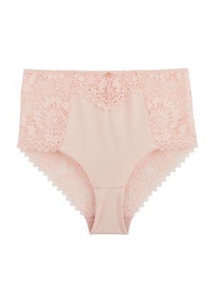 Culotte taille haute pour femme en rose clair avec panneaux en dentelle florale sur les côtés et bordure en dentelle festonnée autour des bords.