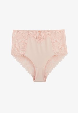 Culotte taille haute pour femme en rose clair avec panneaux en dentelle florale sur les côtés et bordure en dentelle festonnée autour des bords.
