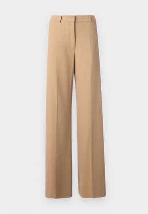 Beige wide-leg trousers, featuring a smooth texture, tailored waistband, front crease details, and no visible pockets.