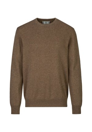 Brauner Pullover mit langen Ärmeln und Rundhalsausschnitt, mit gerippten Bündchen und Saum, aus weichem Strickstoff, auf weißem Hintergrund.