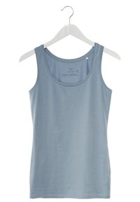 Light blue tank top made of soft fabric, featuring a round neckline and no sleeves. Hangs from a white plastic hanger.