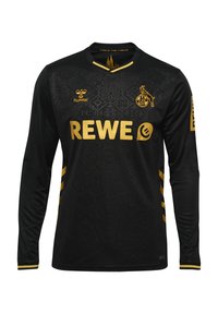 Schwarzes Langarm-Fußballtrikot mit goldenen Akzenten, das ein geometrisches Muster zeigt, das REWE-Logo in fetter Schrift und Streifen an den Ärmeln.