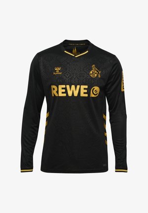 Czarna koszulka piłkarska z długim rękawem i złotymi akcentami, z geometrycznym wzorem, wyraźnym logo REWE oraz paskami na rękawach.