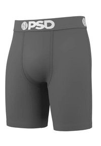 Boxers pour hommes gris foncé avec logo PSD et icônes circulaires sur la ceinture, montrant les détails des coutures avant et latérales.