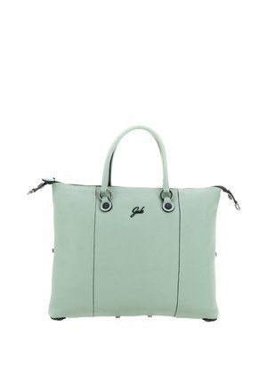 Borsa a mano in pelle verde chiaro con due manici, chiusura con cerniera e piccolo logo nero al centro anteriore.