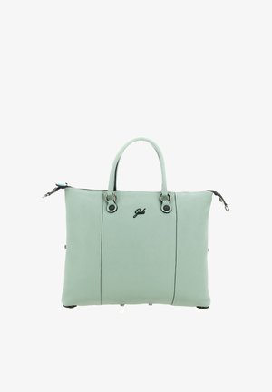 Borsa a mano in pelle verde chiaro con due manici, chiusura con cerniera e piccolo logo nero al centro anteriore.