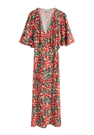 Abito a fascia floreale con sfondo beige, decorato con motivi di fiori rossi e neri, maniche corte a campana e una cintura in vita.