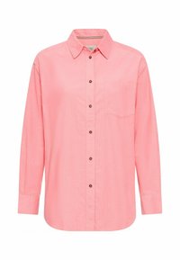Langärmliges rosa Hemd mit Button-Down-Kragen, braunen Knöpfen und einer einzelnen Brusttasche. Hergestellt aus glattem, leichtem Stoff.