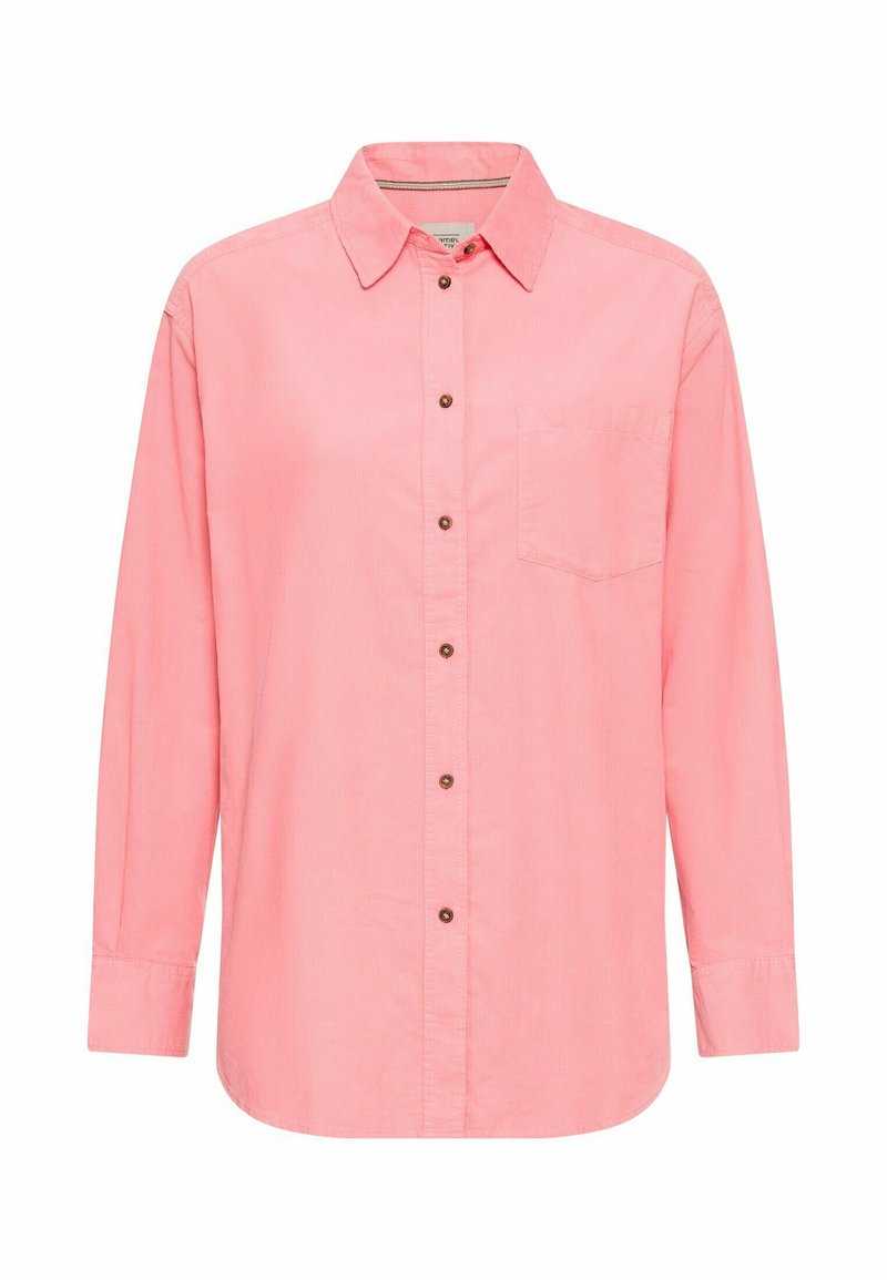 Langärmliges rosa Hemd mit Button-Down-Kragen, braunen Knöpfen und einer einzelnen Brusttasche. Hergestellt aus glattem, leichtem Stoff.