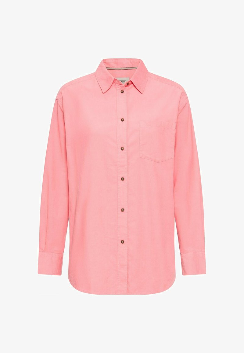 Langärmliges rosa Hemd mit Button-Down-Kragen, braunen Knöpfen und einer einzelnen Brusttasche. Hergestellt aus glattem, leichtem Stoff.