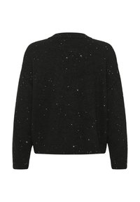 Fekete, bő szabású pulóver, texturált kötött anyaggal és szórt ezüst csillogással. Kerek nyakkivágás és hosszú ujjú.