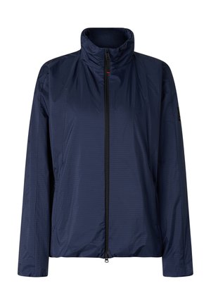 Veste légère bleu marine avec col montant, manches longues et fermeture éclair noire intégrale à l'avant.