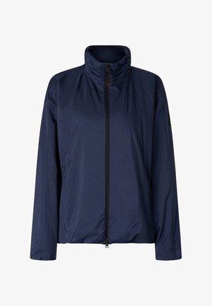 Veste légère bleu marine avec col montant, manches longues et fermeture éclair noire intégrale à l'avant.