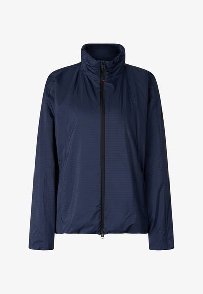 Lehká námořnicky modrá bunda s vysokým límcem, dlouhými rukávy a celoplošným černým zipem vpředu.