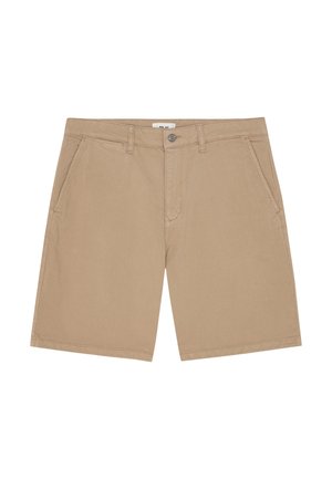 Beżowe szorty do kolan z przednimi kieszeniami, szlufkami na pasek, zapięciem na guziki i widocznym przeszyciem na białym tle.