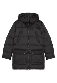 Giacca a vento nera con cappuccio, dotata di chiusura zip frontale, due ampie tasche anteriori e una texture trapuntata per l'isolamento.