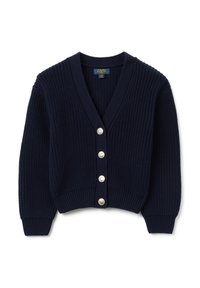 Cardigan en maille bleu marine avec un col en V, comportant six boutons argentés sur le devant, une texture côtelée et des manches courtes.