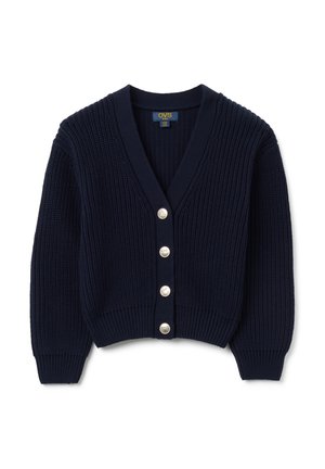 Marineblau gestrickte Strickjacke mit V-Ausschnitt, ausgestattet mit sechs silbernen Knöpfen auf der Vorderseite, gerippter Textur und verkürzten Ärmeln.