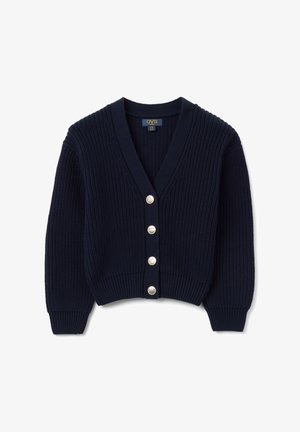 Marineblau gestrickte Strickjacke mit V-Ausschnitt, ausgestattet mit sechs silbernen Knöpfen auf der Vorderseite, gerippter Textur und verkürzten Ärmeln.