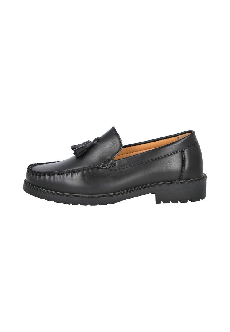 Mocasines de cuero negro con una costura trenzada, un adorno de borla y una suela de goma texturizada, con un diseño simple y de corte bajo.