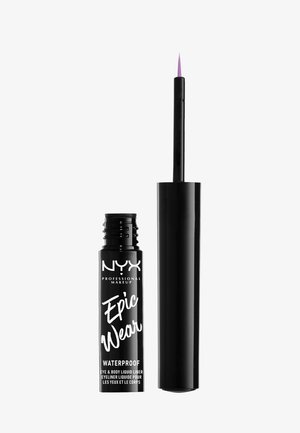 Zwarte vloeibare eyelinerfles met een slanke applicator. Heeft een paarse punt, matte afwerking en witte merktekst aan de voorkant.