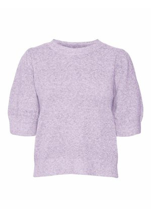 Lila pulover s kratkimi rokavi iz mehkega materiala, z okroglo izrezom in elastičnimi napihnjenimi rokavi, z teksturiranim zaključkom.