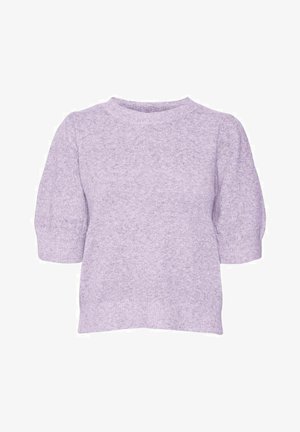Lila pulover s kratkimi rokavi iz mehkega materiala, z okroglo izrezom in elastičnimi napihnjenimi rokavi, z teksturiranim zaključkom.