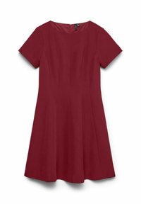Haljina s kratkim rukavima, boje tamno crvene, uz tijelo krojena s nabranim suknjom. Ima okrugli izrez i skriveni patent na leđima. Glatka tekstura tkanine.