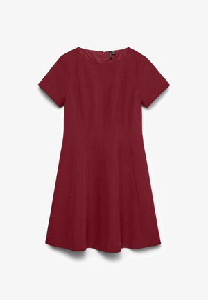 Short-sleeve, burgundy dress with a fitted bodice and flared skirt. Features a round neckline and concealed back zipper. Smooth fabric texture.