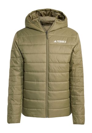 Chaqueta acolchada verde oliva con capucha, cremallera frontal completa y logo blanco de Terrex en el lado izquierda del pecho.