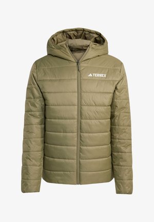 Giacca imbottita verde oliva con cappuccio, zip frontale e logo Terrex bianco sul lato sinistro del petto.