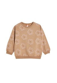 Brun sweatshirt med hvide og tan blomster mønstre, rund hals, lange ærmer og ribbede manchetter og bund, lavet af blødt materiale.
