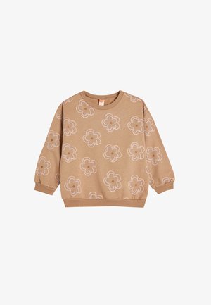 Brun sweatshirt med hvide og tan blomster mønstre, rund hals, lange ærmer og ribbede manchetter og bund, lavet af blødt materiale.