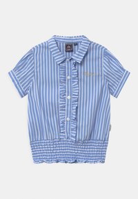 Blusa a maniche corte a righe blu e bianche con una parte anteriore arricciata, chiusura a bottoni e orlo smock. Presenta un testo ricamato sul petto.