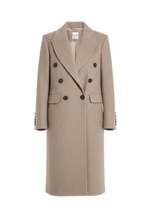 Double-breasted coat in light beige fabric with a textured finish. Features large black buttons, notched lapels, and side pockets.