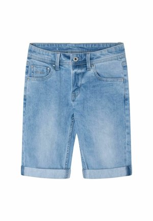 Lyseblå cowboyshorts med op rullede manchetter, knap og lynlås foran samt fem-lomme stil på en hvid baggrund.