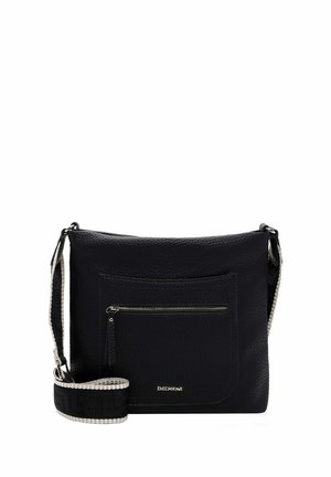 Black leather crossbody bag with textured surface, front zip pocket, and adjustable strap featuring a striped pattern. Brand logo visible.