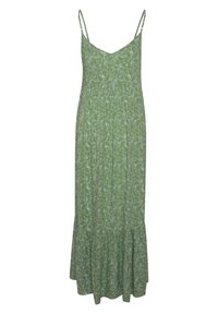 Robe longue verte à fines bretelles avec motif floral abstrait blanc, dotée d'une taille froncée et d'un ourlet fluide.