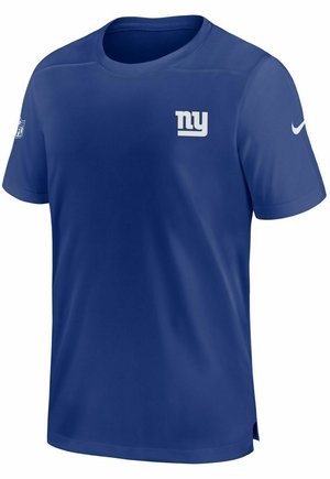 Sininen synteettinen t-paita lyhyillä hihoilla, jossa on valkoinen "NY" logo rinnassa ja Nike-logo vasemmassa hihassa. sileä pinta.