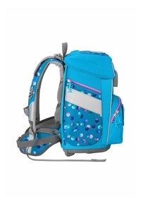 Blauer Rucksack mit Polka-Dot-Muster, grauen Akzenten, mehreren Reißverschlusstaschen, gepolsterten Trägern und strukturierter Oberfläche. Seitenansicht dargestellt.
