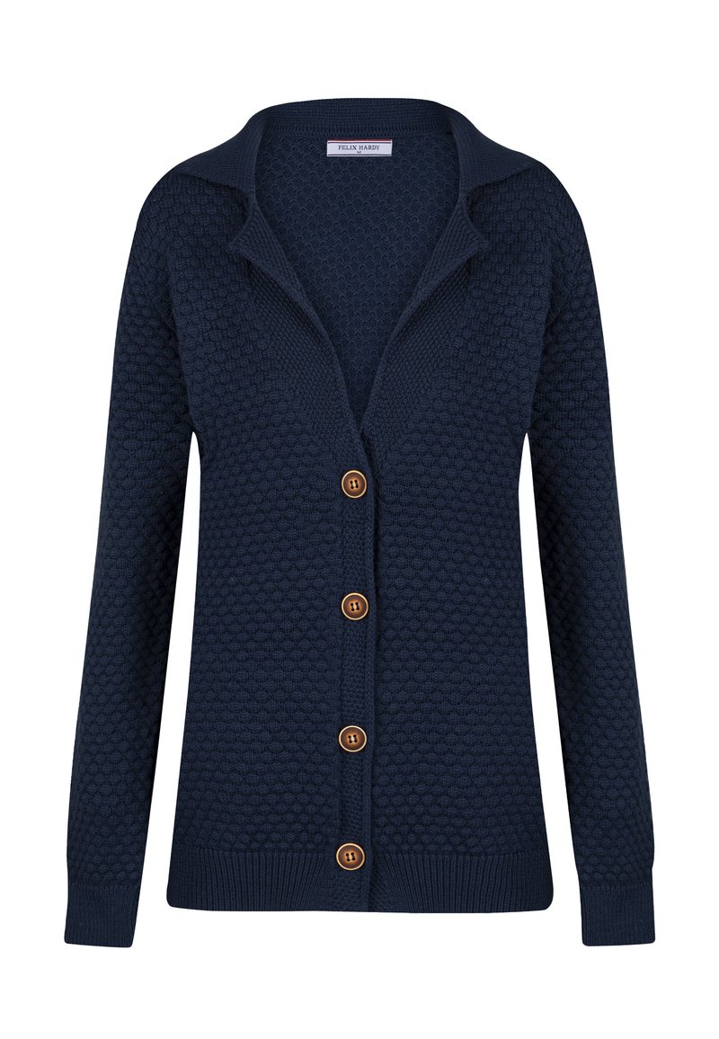 Cardigan lavorato a maglia blu navale con un motivo testurizzato, colletto con punte e cinque bottoni di legno lungo la parte anteriore. Presenta polsini e orlo a costine.
