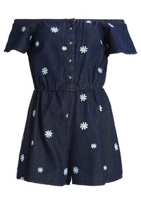 Off-shoulder navy blue romper with button front, elastic waist, short sleeves, and white daisy floral pattern.