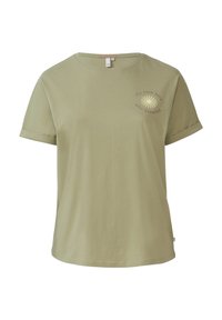 Olijfgroene katoenen t-shirt met korte mouwen, ronde halslijn en opgerolde mouwen. Kenmerken zijn de tekst "Vul je dagen met zonneschijn" en een zon-illustratie.
