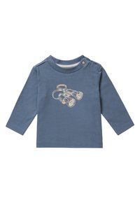Lichtblauw langsgemouwen shirt van katoen, met een illustratie van verrekijkers op de voorkant, en een drukknoopsluiting op de schouder.