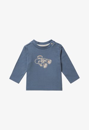 Lichtblauw langsgemouwen shirt van katoen, met een illustratie van verrekijkers op de voorkant, en een drukknoopsluiting op de schouder.