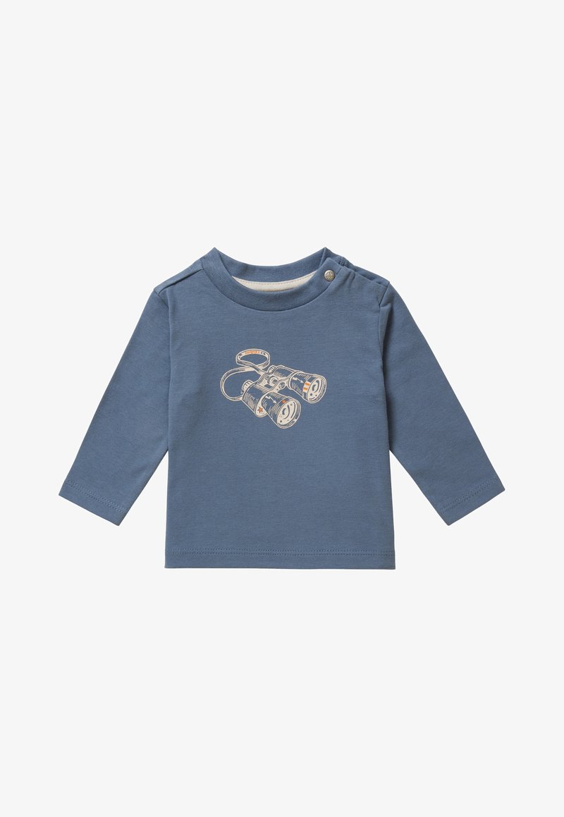 Hellblaues Langarmhemd aus Baumwolle mit einer Illustration von Ferngläsern auf der Vorderseite und einem Druckknopfverschluss an der Schulter.